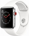 Apple - Refurbished Apple Watch Series 3 (GPS + Cellular), 42mm Stainless Steel Case with Soft White Sport Band - Stainless Steel